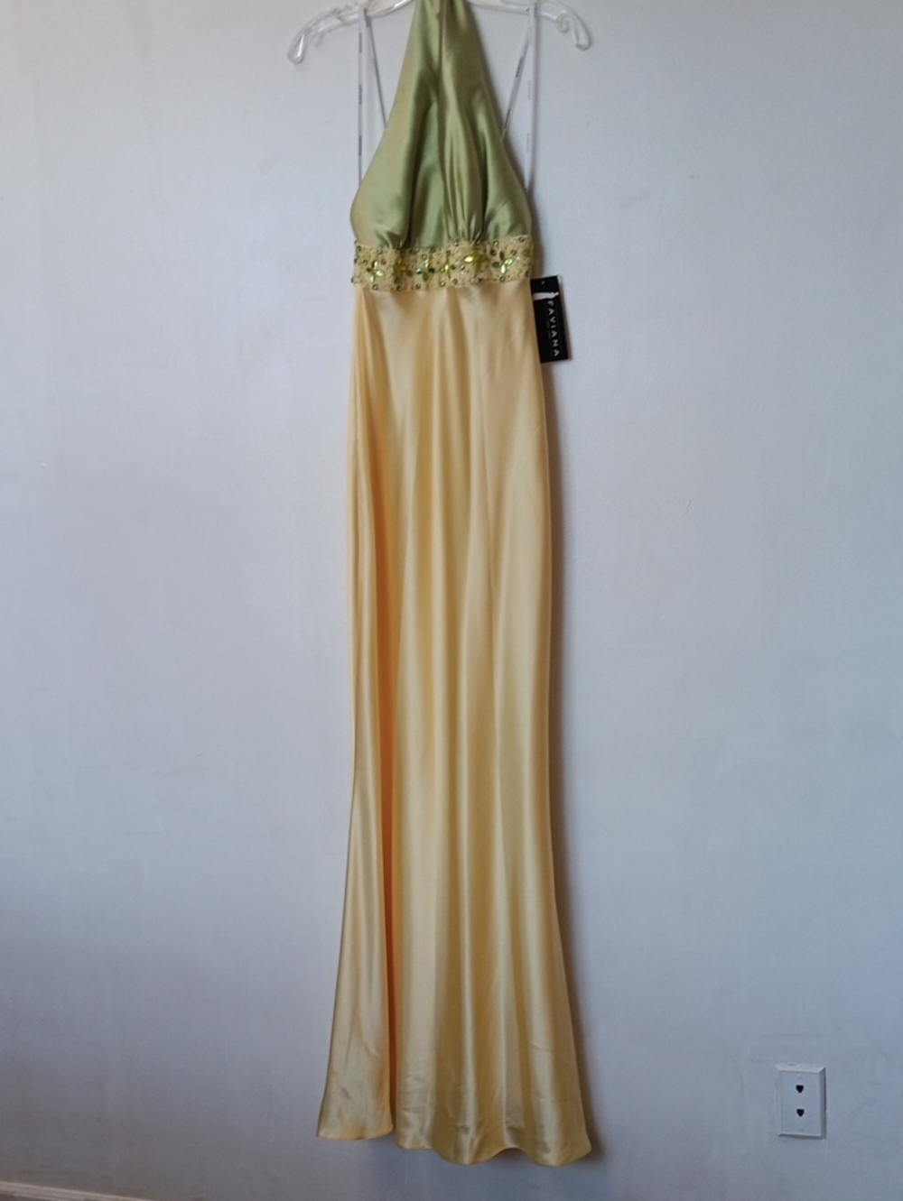 Vintage Faviana Two-Tone Green and Pale Yellow Halter Evening Gown